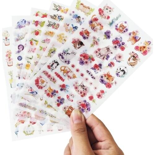 6Sheet/pack New Lovely Cat And Flower Stickers For Diary Scrapbook Book Decoration DIY Personalized Photo Album Cartoon Stickers