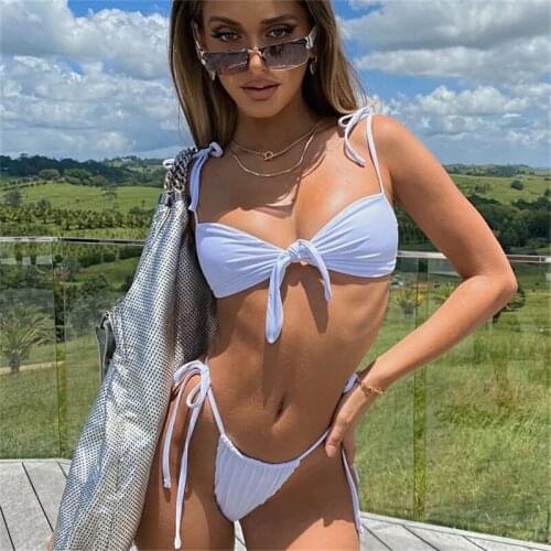 Vamos Todos 21 Summer White Solid Bathing Suits Woman Sexy 2 Piece Sets Bikini Fashion Wire Free Straped Bra And Panty Swimwear