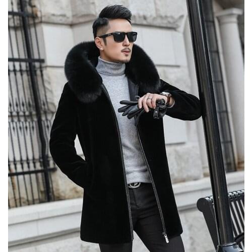 Big Fur Collar Shearling Coat Mens Long Type Genuine Leather Clothes Winter Lamb Coat