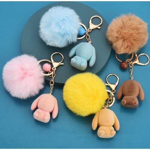 DUTRIEUX New Cartoon Animal Rabbit Fur Keychain Kids Grid Bear Key Ring Creativity Pendant Women Bag Decoration Accessory