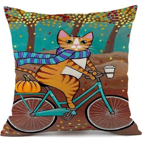 Cartoon Black and White Cat Riding Bicycle Sofa Linen Pillowcase Car Cushion Throw Pillow Cat Pillow Cushions Home Decor