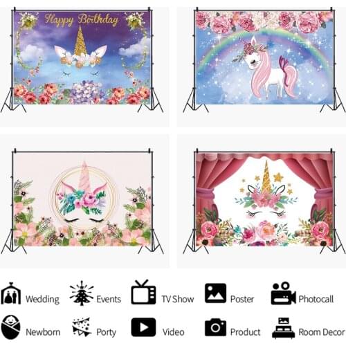 Flower Unicorn Rainbow Girls Backdrops Artistic Photos Background Decorations for Kids Birthday Party Photography Props