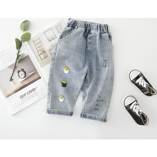 Unisex Kids Jeans Casual Popcorn Print Elastic Waist Denim Pants Korean Fashion Girls Autumn Trousers Boys Jeans 1 2 3 4 5 Years