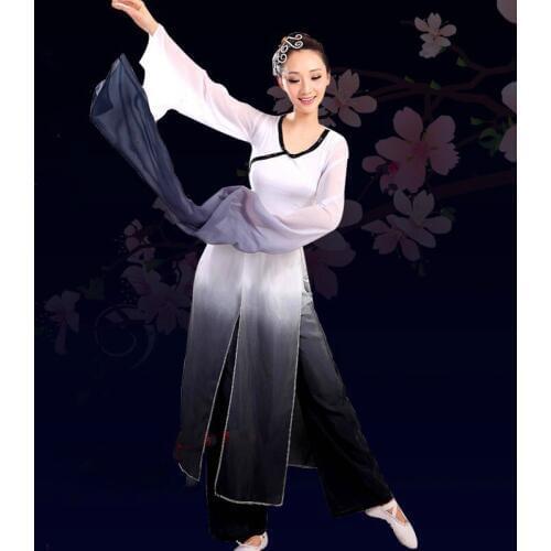 Elegant Classical Dance Costumes Ink Black and White Gradient Long Sleeve Chinese Folk Dance Dancer Wear Stage Performace