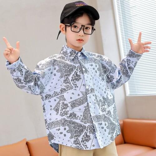 Fashion 2021 White Boys Shirt Spring Autumn Teenage Long Sleeve Print Coat Cotton Turn-down Collar Children Clothes 4 8 12 Years