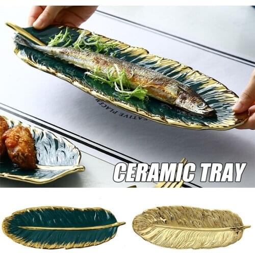 Gold-Plated Ceramic Tray Dark Green Feather Banana Leaf Shape Plate Snack Storage Tray LB88