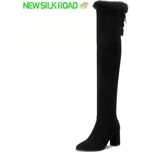 Rabbit Fur Thigh Boots Women Winter Over Knee High Heel Booties Stretch Fabric Zipper Lace-Up Thick Plush Ladies Botas De Mujer