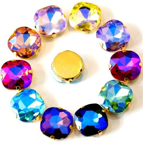 14mm 20pcs Round Square AB Colorful Glass Sew On Rhinestones With Gold Claw Flatback Red AB Sew on claw Stones For Dress B1038