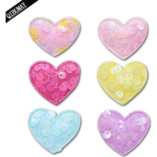 QIBU 10/20pcs Candy Color Hearts Sequin Glitter Patches Pink Purple Crafts Supplies Clothes Decoration DIY HairBow Accessories