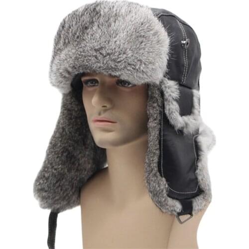Free Shipping 2018 Real Rabbit Fur Russian Leather Bomber Hat Men Winter Keep Warm Hats With Earmuffs Trapper Earflap Cap Hats
