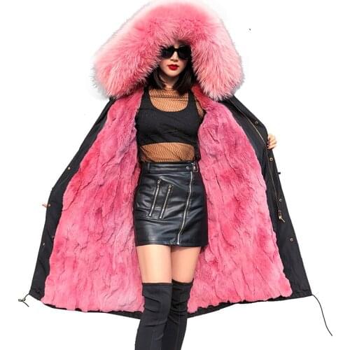Real Fur Coat Winter Jacket Women Long Parka Waterproof Big Natural Raccoon Fur Collar Hood Thick Warm Real Rabbit Liner sleever