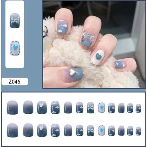 24 Pcs/set of blue sky and white clouds fake nails wearable nails detachable aurora butterfly nail nail sheet