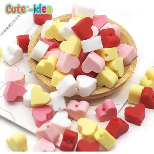 Cute-idea 10pcs Little Heart Silicone Teether Food Grade BPA Free Baby Nursing Chewable Teething Beads DIY Pacifier Necklace toy