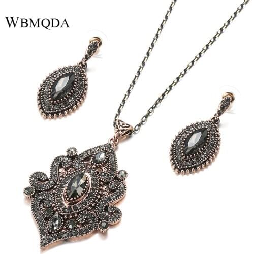 Wbmqda Luxury Gray Crystal Flower Bridal Necklace For Women Antique Gold Beach Party Drop Earring necklace Vintage Jewelry Sets