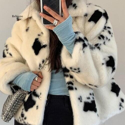 Winter Black and White Faux Mink Fur Coat Women Short Turn-Down Collar Thick Warm Overcoat Korean Sweet Plush Coats New