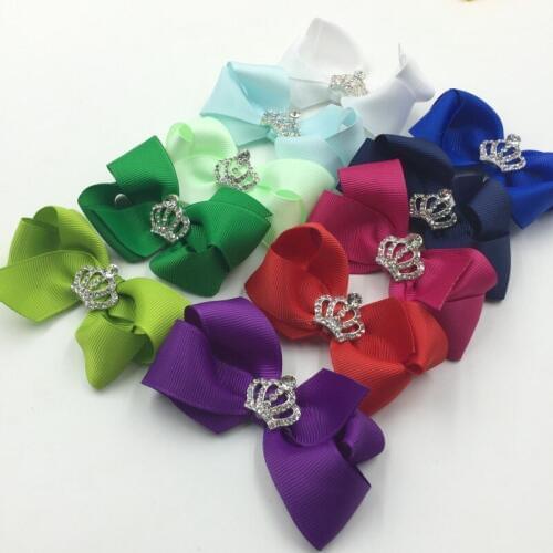 10pcs/lot 3" 30 color Newborn Chic Hair Bows with Rhinestone Crown Ribbon Boutique Head Clip For Kids Girls Hair Accessories DIY