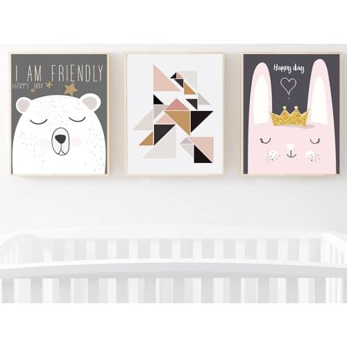 Abstract Baby Nursery Wall Art Canvas Poster Print Cartoon Rabbit Bear Painting Nordic Kids Decoration Picture Children Bedroom