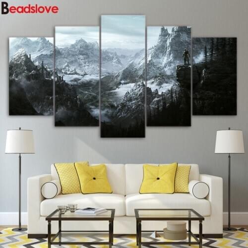 Diamond Painting 5 piece of set Snow mountain skyrim full resin round drill mosaic for Living Room Decoration Wall Art