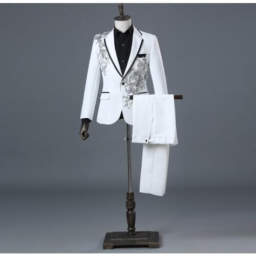 White Sequin Embroidered Wedding Prom Dress Suits Stage Singer Costume Homme Nightclub DJ Performance Mens Suits with Pants XXL