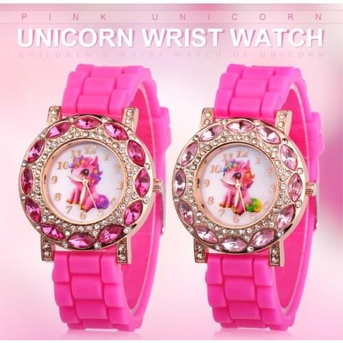 Korean Fashion Children Watch Quartz Wrist Watches for Girls Cartoon Beast Horse Kids Child Silicone Strap Gift Present Rose Red
