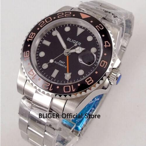 BLIGER 40mm Bid Face Mens Watch Ceramic Bezel Stainless Steel Band GMT Function Luminous Automatic Movement Wristwatch