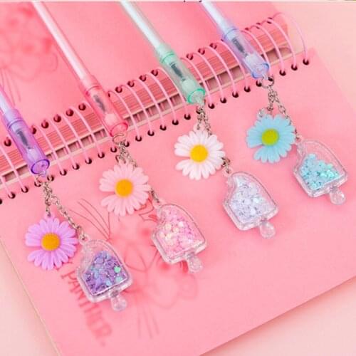 4pcs Daisy Pendant 0.5mm Black Ink Mark Gel Pen Student Gift Color Plastic Pens Writing School Office Supplies Stationery