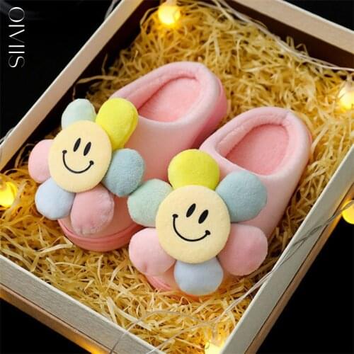 Girls Cotton Slippers New Winter Childrens Cute Flower Plush Slippers Baby Home Indoor Shoes Furry Kids Cotton-padded Shoes