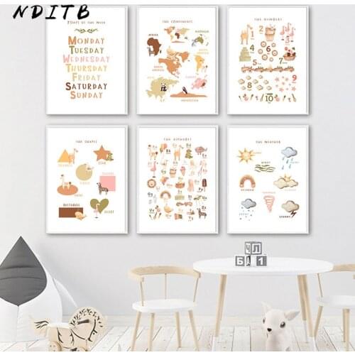 Nursery Education Canvas Poster Alphabet Number Chart Wall Print Weather Graphics Art Painting Home School Room Decor Picture