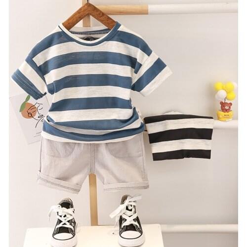 Infant Kids Baby Boy’s Short-sleeved Shorts Set Fresh Stripe Round Neck Tops and Solid Color Short Pants New Style 2021