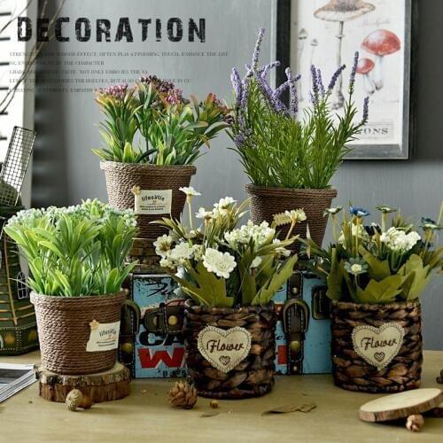 Zakka Creative Nordic Vintage Rattan Weaving Simulation Flowers Pot Planting Bonsai Desktop Vase Home Decoration photography