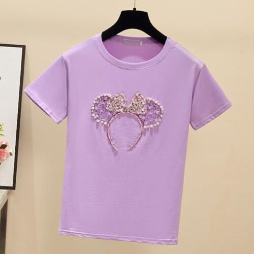 GGRIGHT Summer Tops Short Sleeve T Shirt Women Beading T-Shirt Female Korean Cotton Pink Tshirt Woman Clothes Tee Shirt Femme