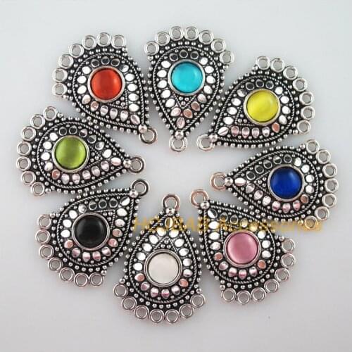 Fashion 8Pcs New Teardrop Charms Tibetan Silver Tone Retro Mixed Cat eye Stone Connectors 25.5x36mm