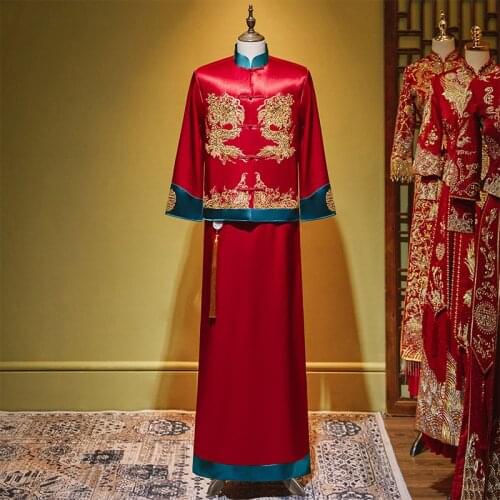 Men Xiuhe Green Red Clothing Chinese Wedding Dragon Embroidery Coat Groom Large Tang Robe Bridegroom Ancient Wedding Gown Robe