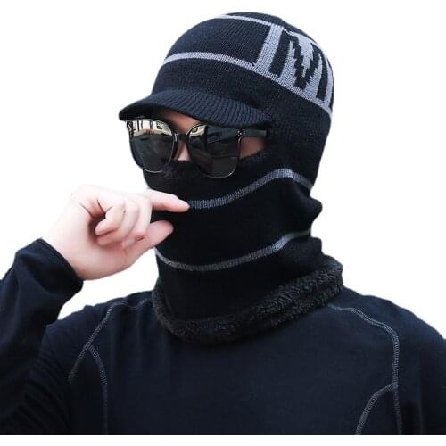 Letter M Mask Visor Beanie Hat Plus Velvet Thicken Cotton Winter Knitted Hats Women Men Neck Warm Scarf Windproof Bonnet Cap