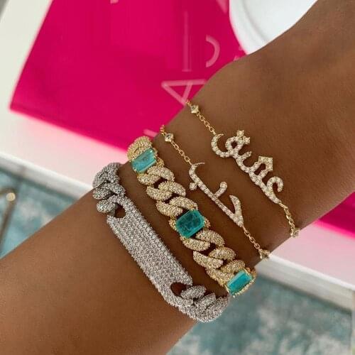 New CZ Bar Charm Curb Miami Cubann Link Chain Bracelet Silver Color Iced Out Bling Micro Pave Bracelet Hip Hop Women Jewelry