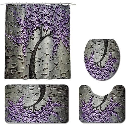 New Carve Pattern Shower Curtain Pedestal Rug Lid Toilet Cover Mat Bath Mat Set Bathroom Curtains with Hooks