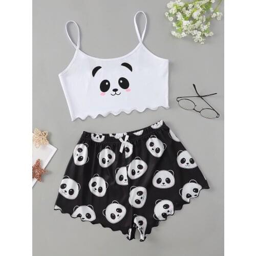 New Style Fashion Lady Summer Cartoon Panda Print Camisole With Shorts Pajama Set Comfort INS Home Wear Sleepwear Underwear