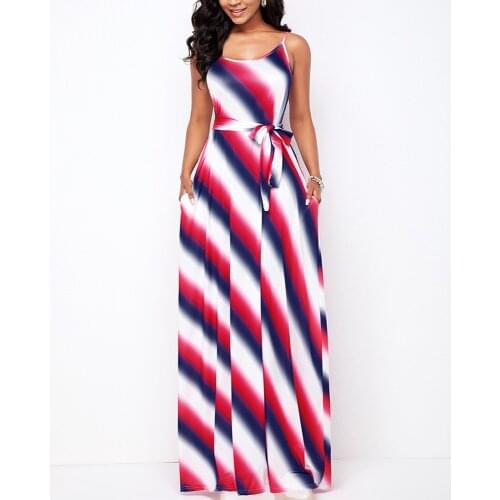 OTEN Women Dress Elegant Sleeveless Sling Dress Stripe Printing Colorful Fashion Backless Lace Party Boho Long Swing Dress