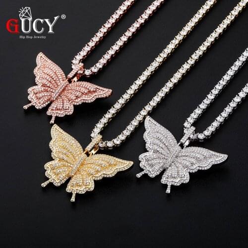 GUCY Animal Butterfly Necklace & Pendant Iced Out 4mm Tennis Chain Gold Color AAA Cubic Zircon Mens Women Hip hop Rock Jewelry