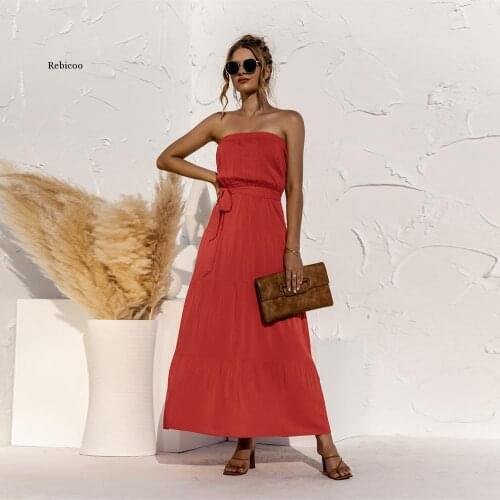 Elegant Women Sexy Strapless Off Shoulder Sleeveless Long Dress Summer New Solid Color Casual Stretchy Sashes Robe Maxi Vestidos
