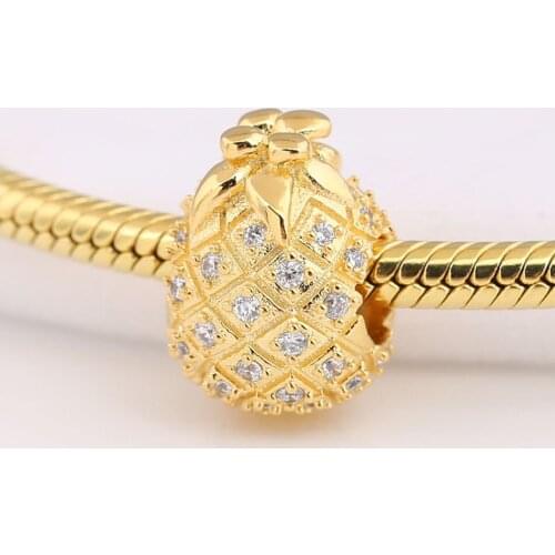 Authentic S925 Silver Shine Golden Pineapple With Crystal Bead Charm fit Lady Bracelet Bangle DIY Jewelry