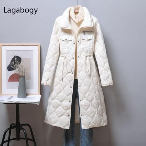 Lagabogy 2021 Winter Ultra Light 90% White Duck Down Coat Women Long Single Breasted Parkas Female Slim Warm Waist Puffer Jacket