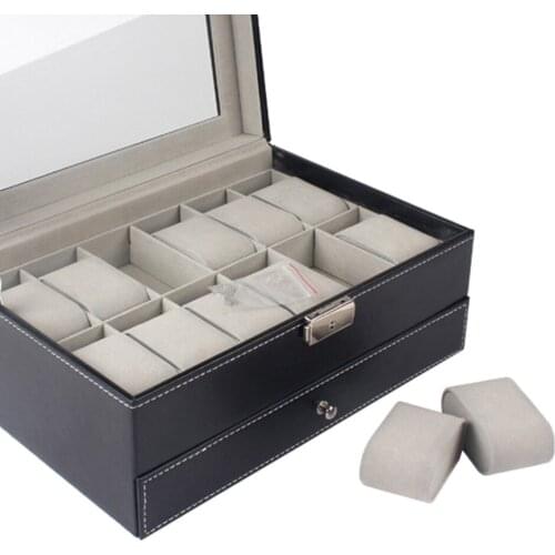 12 Slot Luxury Watch Box Watch Case PU Leather with Glass Top Wristwatch Case