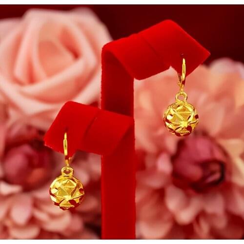 Yellow Gold Color Earring Clip for Women Wedding Engagement Jewelry Charms Hollow Ball Shape Dangle Earrings Birthday Party Gift