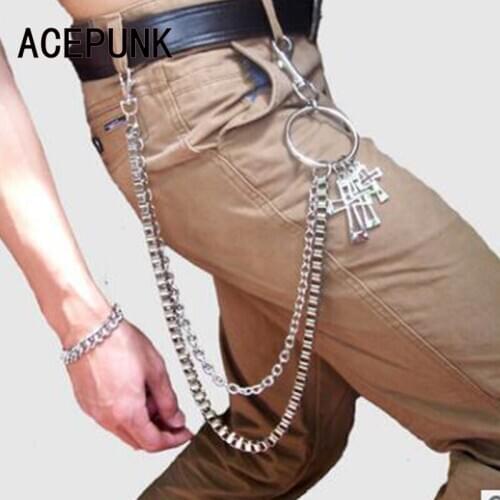 Hip Hop Steampunk Pants Belly Waist Chain Bullet All-match Jeans Belts Motorcycle Punk Rock Cross Pendant Wallet Chain For Men