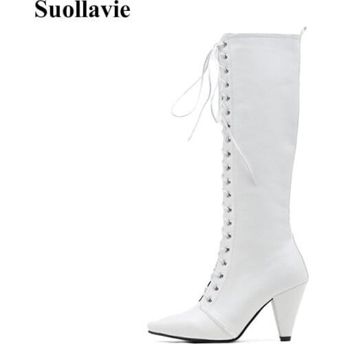 Suollavie 2020 Mid-Calf boots lack-up boots women fashion solid black white shoes for women pu leather botas dress women shoes