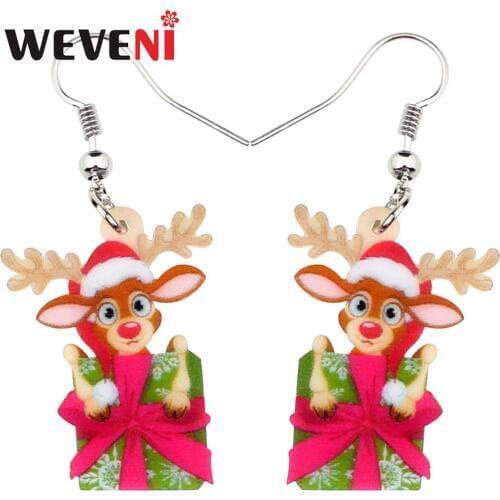 WEVENI Acrylic Christmas Elk Deer Antlers Gifts Box Earrings Drop Dangle Cartoon Jewelry For Women Girls Teens Charms Gift Bulk