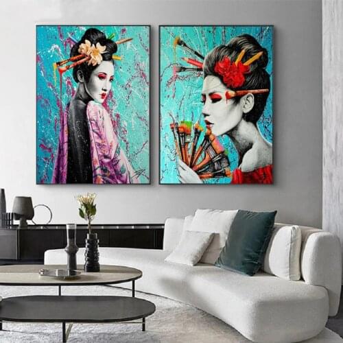 Japanese Geisha Dress Colorful Graffiti Art Canvas Painting Woman Portrait Posters and Prints Wall Picture for Living Room Decor