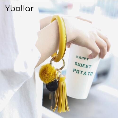 Ybollar PU Leather Tassel Pompom Pendant O Bracelets KeyChains Circle Wristlet KeyRings Women Girls Gift