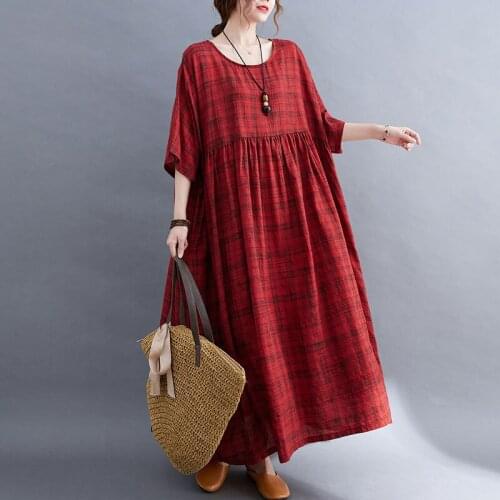 New Fashion Robe Femme Plaid Long Dress Oversized Vintage Cotton Casual Ladies Dresses Big Size Korean Linen Boho Sundress 2021